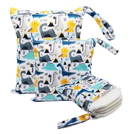 FYting Pack of 3 Wetbags, Wetbag for Nursery, Wet Bag, Nappy Bag for On the Go, Reusable, Waterproof, with Zip, for Swimming, Camping, Travel, Fitness, Beach (Dinosaur), Dinosaurs, Fashion