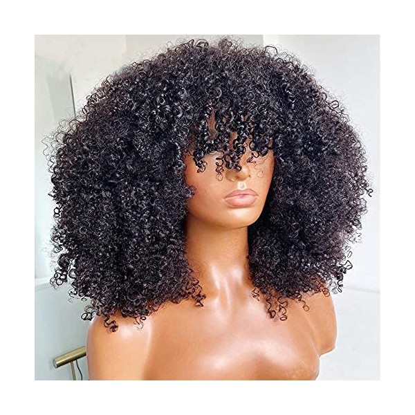 Afro Kinky Curly Wig With Bangs Scalp Top Wig 180 Density Full Machine Made Virgin Brazilian Short Curly Human Hair Wigs Natural Color 16Inch