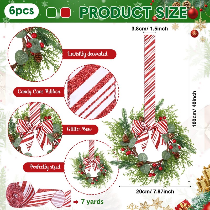 Suncalla 6 Pcs Christmas Kitchen Cabinet Wreaths Bulk, Red, White
