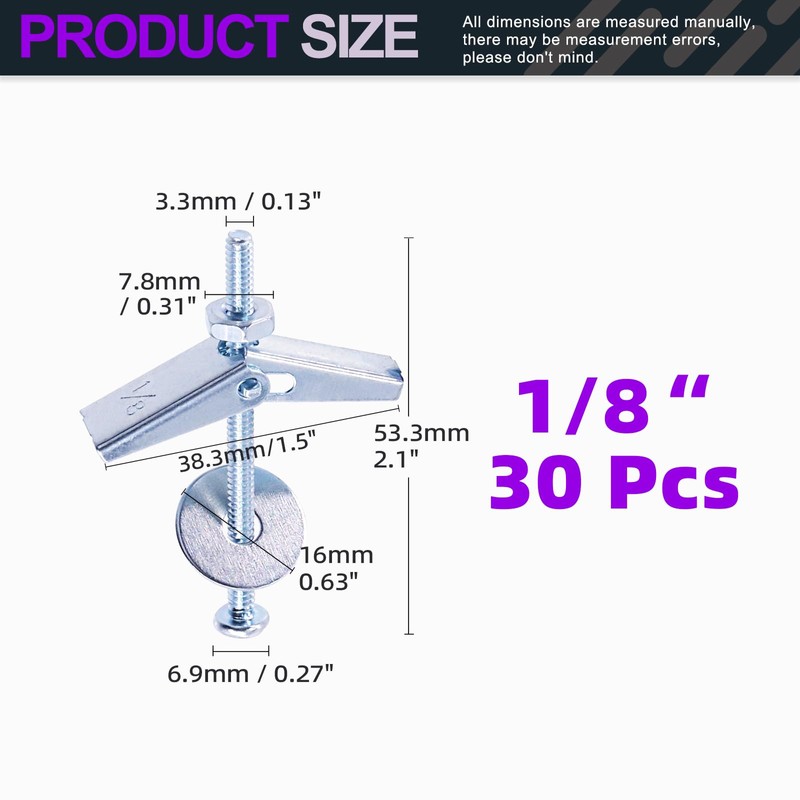 Swpeet 120Pcs 30 Set 1/8 Inch Toggle Bolts and Wing