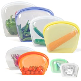 KVK Platinum Silicone Reusable food storage Bags Multipack - 8 Pcs clear freezer storage containers, Double Lock Seal Leakproof reusable snack bags- Oven Dishwasher Freezer Safe - Mix Color
