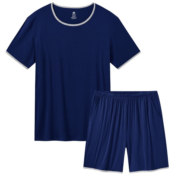 MoFiz - Conjunto de pijama para hombre, ropa de dormir y pantalones cortos, conjunto de pijama ligero y suave para hombre, con bolsillos, S-3XL, Azul marino, Medium