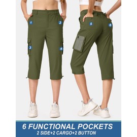 TACVASEN Hiking Pants for Women Lightweight Cargo Capris Water Resistant with Elastic Waist Track Workout Army Green L