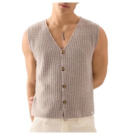 BEAUDRM Men's Sweater Vest Button Down Sleeveless V Neck Knitted Tank Top Apricot X-Large