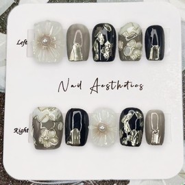 Square Press on Nails Full Cover Fake Nails with White Flower Handmade Press on Nails Short Black False Nails Embossed Silver Floral Acrylic Nails Thick Stick on Nails for Women Nail Art DIY（M)