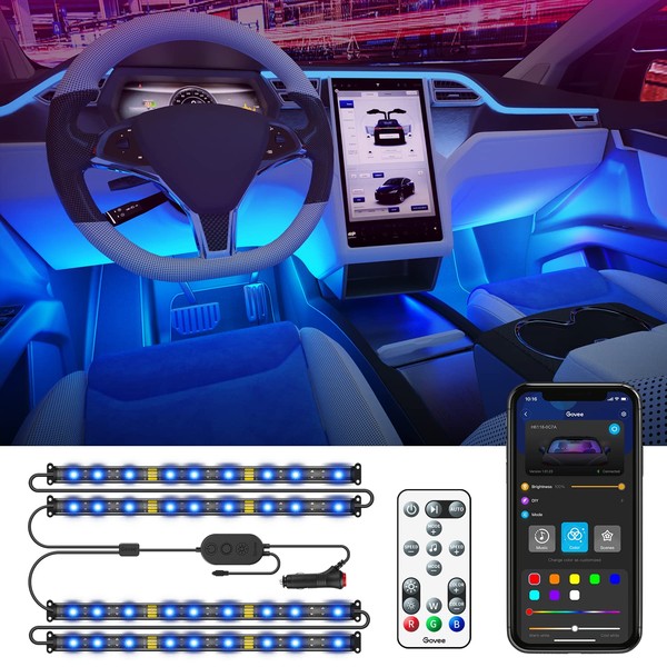 Govee Car Interior Lights, Car Led Lights with APP Control, Music Sync with 7 Scene Modes and 16 Million Colors, 2 Lines Design RGB Under Dash Car Lighting with Car Charger, DC 12V