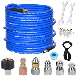 100FT Pressure Washer Sewer Jetter Kit, 5800 PSI Water Jet Drain Cleaner Hose with Corner Rotating Button Nose Nozzle, 1/4 Inch NPT, Kit Includes Sewer Jetting Nozzles and Spanner Handle Strap