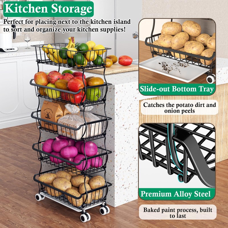 OKZEST 5 Tier Fruit Basket for Kitchen, Stackable Bins Wire
