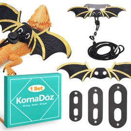 KornaDoz 3 Pack Bearded Dragon Harness and Leash Set, Adjustable Soft Leather Reptile Costume with Cool Wings for Lizards, Geckos, Chameleons, Iguanas, Small Pets, Outdoor Walking, Black