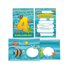 12 Invitation Cards Including 12 Envelopes for 4th Birthday Party Boys Girls Fish