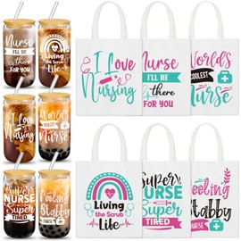 Teenyyou 6 Sets CNA Week Gifts Bulk Nurse Appreciation Tote Bag Glass Cups for Women Female Nursing School Graduation Thank You Gift for CNA Rn LPN Practitioner(Nurse's Love,White)