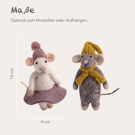 Gry & SIF Felt Mice, Handmade Christmas Decoration, Winter Decoration, Scandinavian Living Room Decoration, Decorative Felt Figures, Fairtrade, White + Grey, 15 cm, Pink Skirt, Yellow Scarf