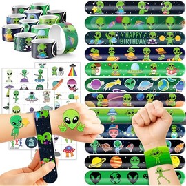 Cherisnowy - 72 piezas de recuerdos de fiesta alienígena, 48 tatuajes y 24 pulseras de palmadas, perfectas para cumpleaños, baby shower, recompensas d
