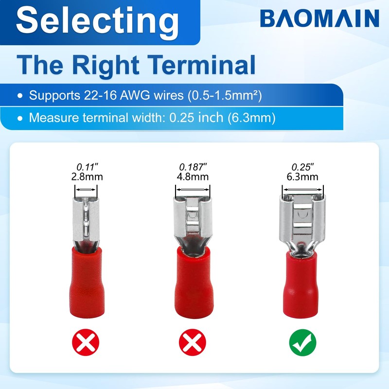 Baomain 1/4" Female Quick Disconnect Spade Terminals,Insulated Crimp Connectors 22-16