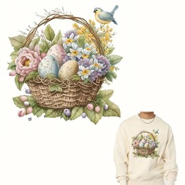 2PCS Easter Egg Flower Basket Iron On Transfers for T-Shirts Rub on Transfers Stickers Vinyl Ready to Press Stickers Iron on Decals for T-Shirts Clothing Hoodie DIY Crafts