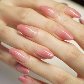 Gradient Press on Nails Almond Fake Nails Artificial Acrylic Nails Pink Gradient False Nails Cute Designs Glossy Glue on Nails Medium Long for Women 24 Pcs / 12 Size