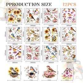 GOMAKERER 12 Sheets 12 Style Rub on Transfers, 14x14cm Birds Standing on Flower Branch Rub on Transfer Colorful Floral Print Transfer Stickers for Window Furniture Craft Scrapbook Decals