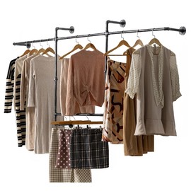 ZYUXUAN Industrial Wall Clothes Rack, Heavy-Duty Clothing Rack, Pipe Style Garment Rack with Four Hanging Rods for Home, Laundry Room, Retail Store, Rustic Black (four hanging rods)