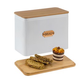 HOME PALETTE Extra Large Bread Box for Kitchen Countertop Corner Breadbox for Homemade Bread Metal White Vertical Stripe Pattern Embossed Storage Container Bin with Bamboo Lid Fits 2 Loaves of Bread