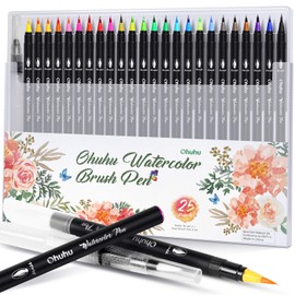 Ohuhu Water-Based Pens, Watercolor Pens 24-Color Set with 1 Water Brush Included, Marker Pens, Brush Pens, Color Pens for Calligraphy, Painting, Manga, Notebooks, Art Supplies, Watercolor, Transparent