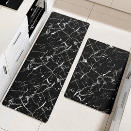 Silver Foil Stamped Marble Kitchen Mats for Floor 2PCS Cushioned Anti Fatigue Non Slip Waterproof Comfort Leather Kitchen Rugs 2/5 Inch PVC Kitchen Mats for Sink, Laundry, 17.3"x28"+17.3"x59", Black