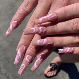 MERVF Long Press on Nails Abstract Coffin Fake Nails Matte Glue on Nails Ballerina Acrylic Nails Full Cover Purple Pink False Nails Clip on Nails 24PCS