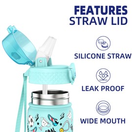 GOPPUS 420 ml/14 oz Children's Insulated Water Bottle with Straw Double-Walled Stainless Steel Children's Bottle Vacuum Insulated Steel Metal Leak-Proof Drinking Bottle Toddler Thermos Flask BPA-Free