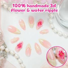 French Tip Press on Nails Medium Almond Fake Nails with 3D Flower Designs French Nails Floral False Nails Press ons False Nails Acrylic Nails Nail Tips Stick on Nails for Women 24Pcs