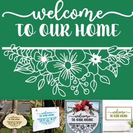 Alinacutle Welcome to Our Home(Flower) Reusable Silk Screen Stencils, Self-Adhesive Silkscreen Printing Stencil for Home Decor,Paint on Wood/Fabric/Wall/Cup/Plate/Glass/Paper （8.5" x 11"