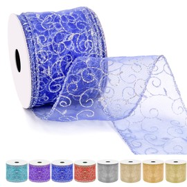 Tanstic 2.5 Inch x 10 Yards Blue Swirl Glitter Wired Ribbon Organza Sheer Ribbon with Glitter Swirl Pattern and Metallic Edge for Tree Decoration Gift Wrapping