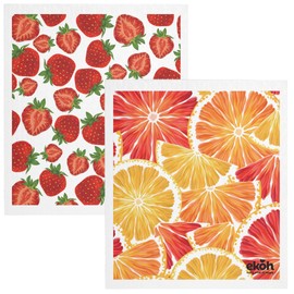 Swedish Dishcloths 2 Pack Strawberry & Citrus Printed Eco Friendly Reusable Sustainable Biodegradable Cellulose Sponge Cloths for Washing Dishes & Cleaning The Kitchen A Paper Towel Replacement
