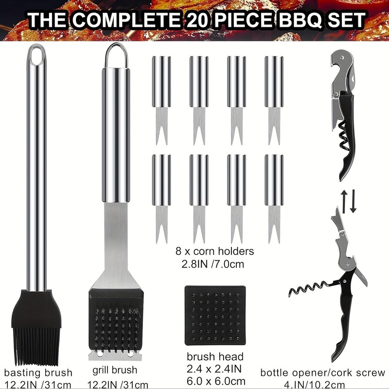 Heavy Duty BBQ Grill Tools Set, 20 Pieces, Stainless Steel