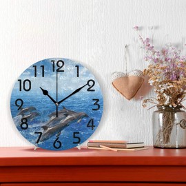 Naanle 3D Beautiful Dolphins Jumping Out Ocean Print Round Wall Clock, 9.5 Inch Battery Operated Quartz Analog Quiet Desk Clock for Home,Office,School