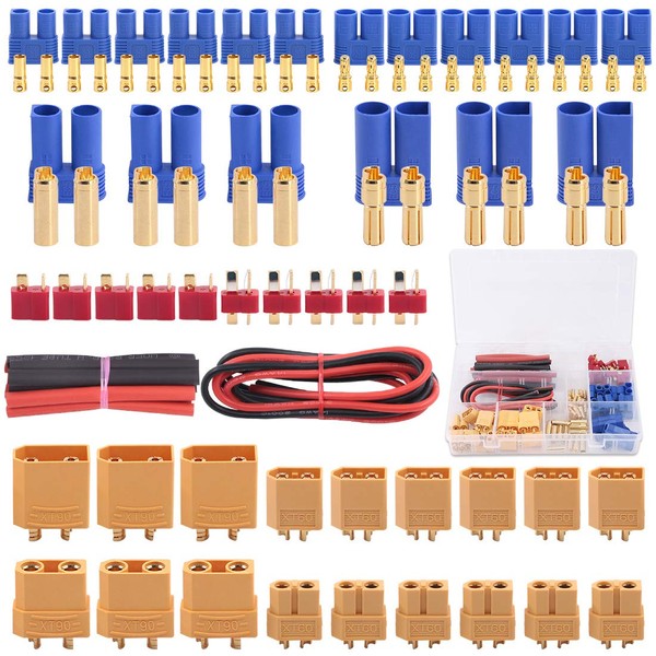 Glarks 76pcs T-Plug / XT60 / XT90 / EC3 / EC5 Male & Female Plug Adapter Connectors Kit [Including: 14 GA Silicone Wire and Shrink Tubing] for RC Lipo Battery Accessories