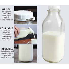 The Dairy Shoppe 1 Ltr. (33.8 oz.) Glass Milk Bottle Vintage Style with Cap & NEW Silicone Pour Spouts! (2 Pack)