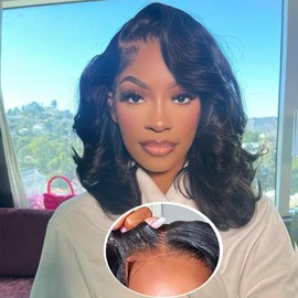 BLOCKICE Glueless Wigs Human Hair Pre Plucked Pre Cut Bob Wig Human Hair for Black Women Wear and Go Body Wave Lace Front Wigs Upgraded No Glue Needed 4x4 Lace Closure Wigs for Beginners 16 Inch