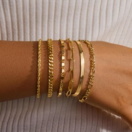 Gold Bracelet for Women, Trendy 14K Gold Plated Stackable Bracelets, Rope Figaro Herringbone Chain Bracelet Non Tarnish Jewelry Gifts