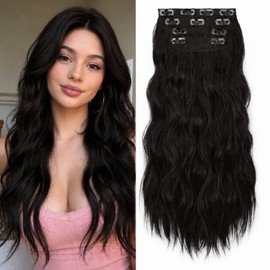 Wavy Clip in Hair Extensions 16 Inch Black Brown 4Pcs Synthetic Double Weft