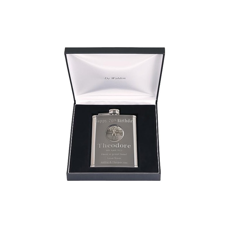 70th Birthday Engraved Hip Flask Golfer Feature in Gift Box