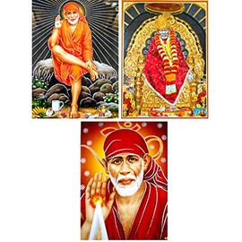 Juego de 3 pósteres Shirdi Saibaba con purpurina de dios hindúes: Tamaño: 12 x 16 pulgadas (sin marco)