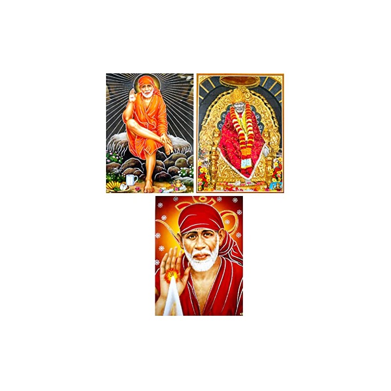 Juego de 3 pósteres Shirdi Saibaba con purpurina de dios