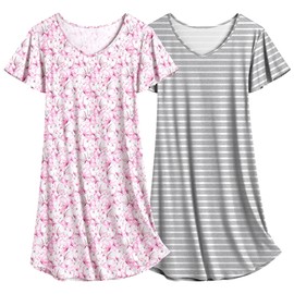 Ekouaer 2 Pack Nightgowns for Women Flare Short Sleeve Sleepshirt V Neck Sleepwear Plain/Floral Print Pajama Dress L