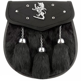 FULL DRESS KILT SPORRAN BLACK FUR LION BADGE ON THE FLAP, 3 TASSELS STRZ-022