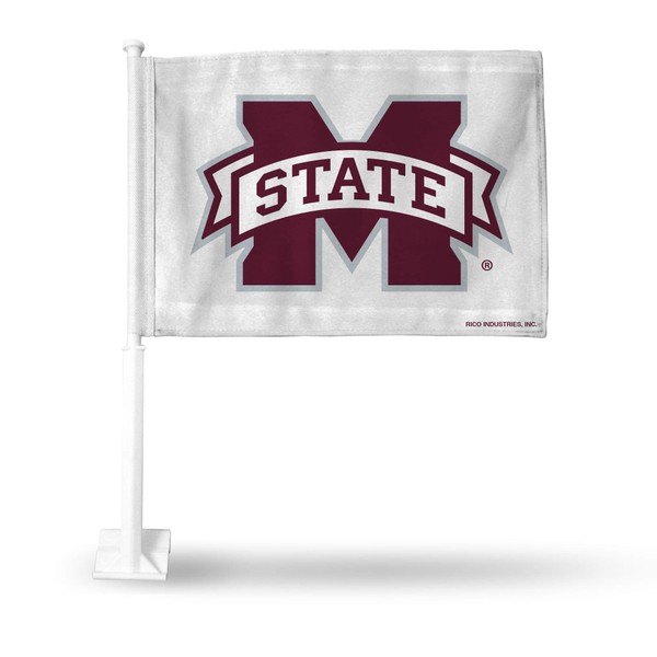 Rico Industries NCAA Mississippi State Bulldogs White Double Sided Double Sided Car Flag - 16" x 19" - Strong Pole That Hooks onto Car/Truck/Automobile