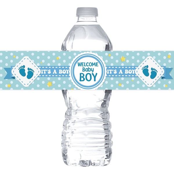 MonMon & Craft Welcome Baby Boy Water Bottle Stickers / Gender Reveal Bottle Wrappers / It's a Boy Water Labels Supplies / Baby Shower Decorations Blue ( Set of 32 )