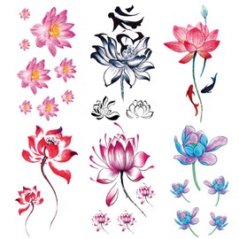 Oottati 6 Sheets Tiny Small Temporary Tattoos For Women Men Finger Hands Neck Wrist Face, Cute Long Lasting Cartoon Fake Tattoo Stickers For Kids Boys Girls Black Blue Red Lotus Fish