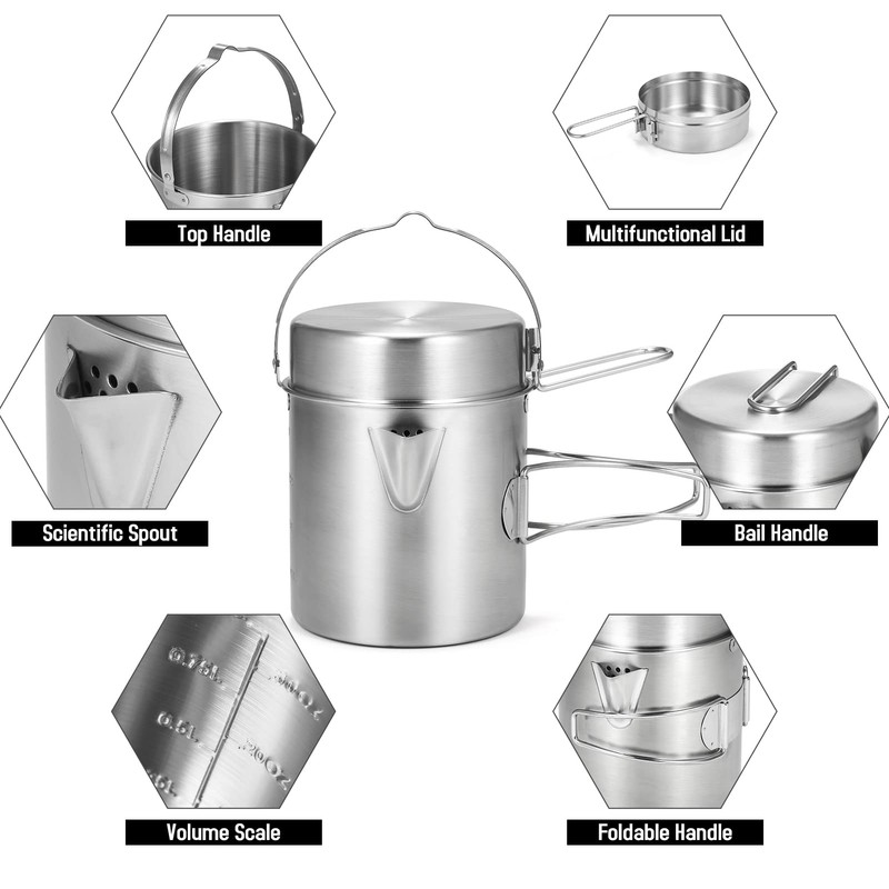 HUIOP 1L Stainless Steel Cooking Kettle Portable Outdoor Camping Backpacking