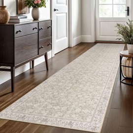 SIILOOM 2.6x10 Cream Beige White Grey Washable Runner Rug for Kitchen, Soft Classic Runner with Non-Slip, Non-Shedding Distressed Floral Rug for Hallways Entryway Bedroom Laundry Indoor