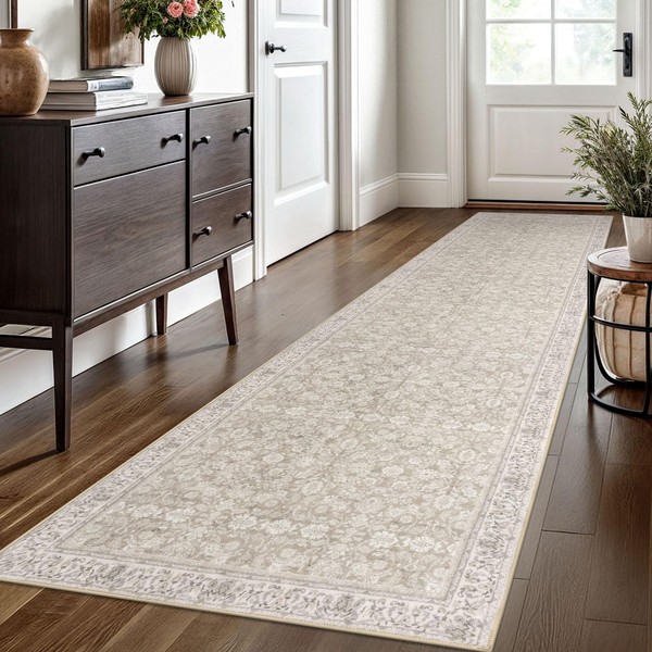SIILOOM 2.6x10 Cream Beige White Grey Washable Runner Rug for