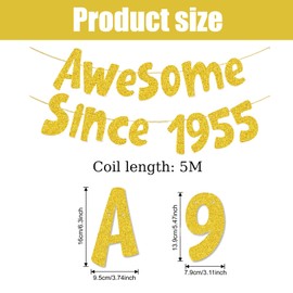 Awesome Since 1955 Gold Glitter Banner - 70th Birthday Decorations for Men & Women, 1955 Birthday Party Banner